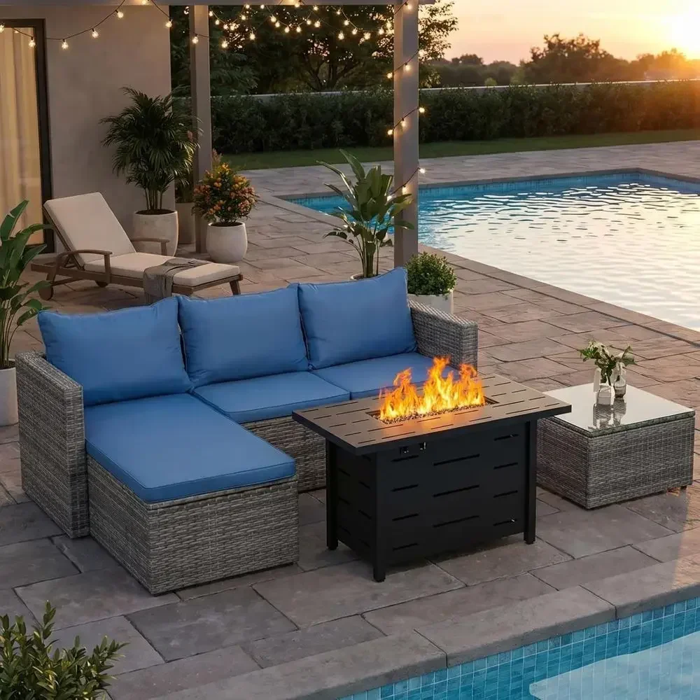 Outdoor Furniture Fire Pit - Set Furnitur Teras Rotan 4-Potong dengan