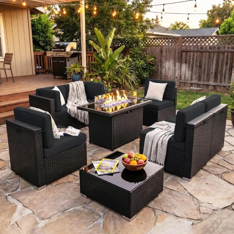 Set Sofa Anyaman 8-Potong untu - Outdoor Furniture Fire Pit ulasan dan harga